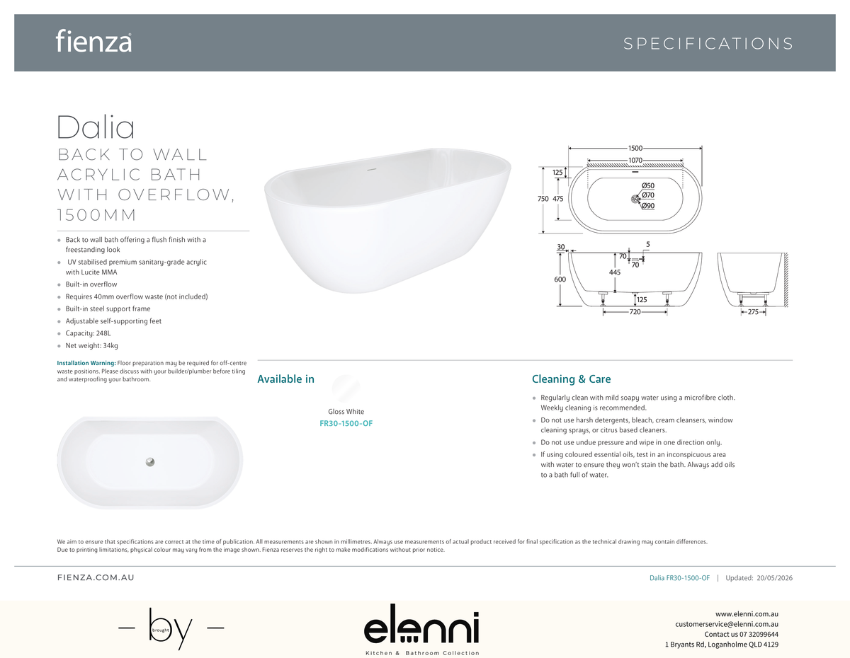 Dalia Back-to-Wall Acrylic Bath with Overflow, 1500mm - Elenni specification drawing