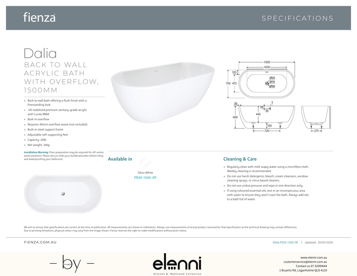 Dalia Back-to-Wall Acrylic Bath with Overflow, 1500mm - Elenni specification drawing