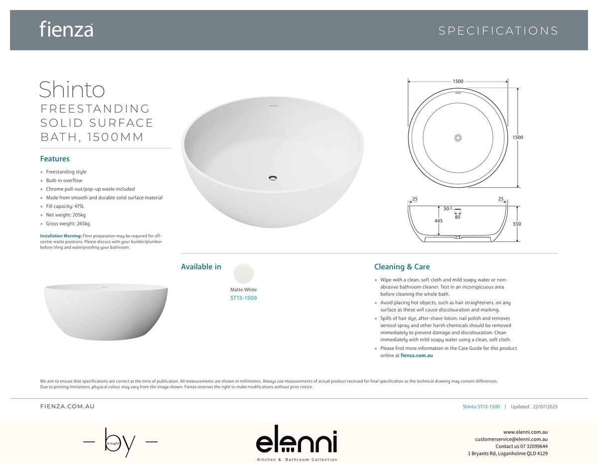 Shinto Solid Surface Bath, 1500mm - Elenni specification drawing