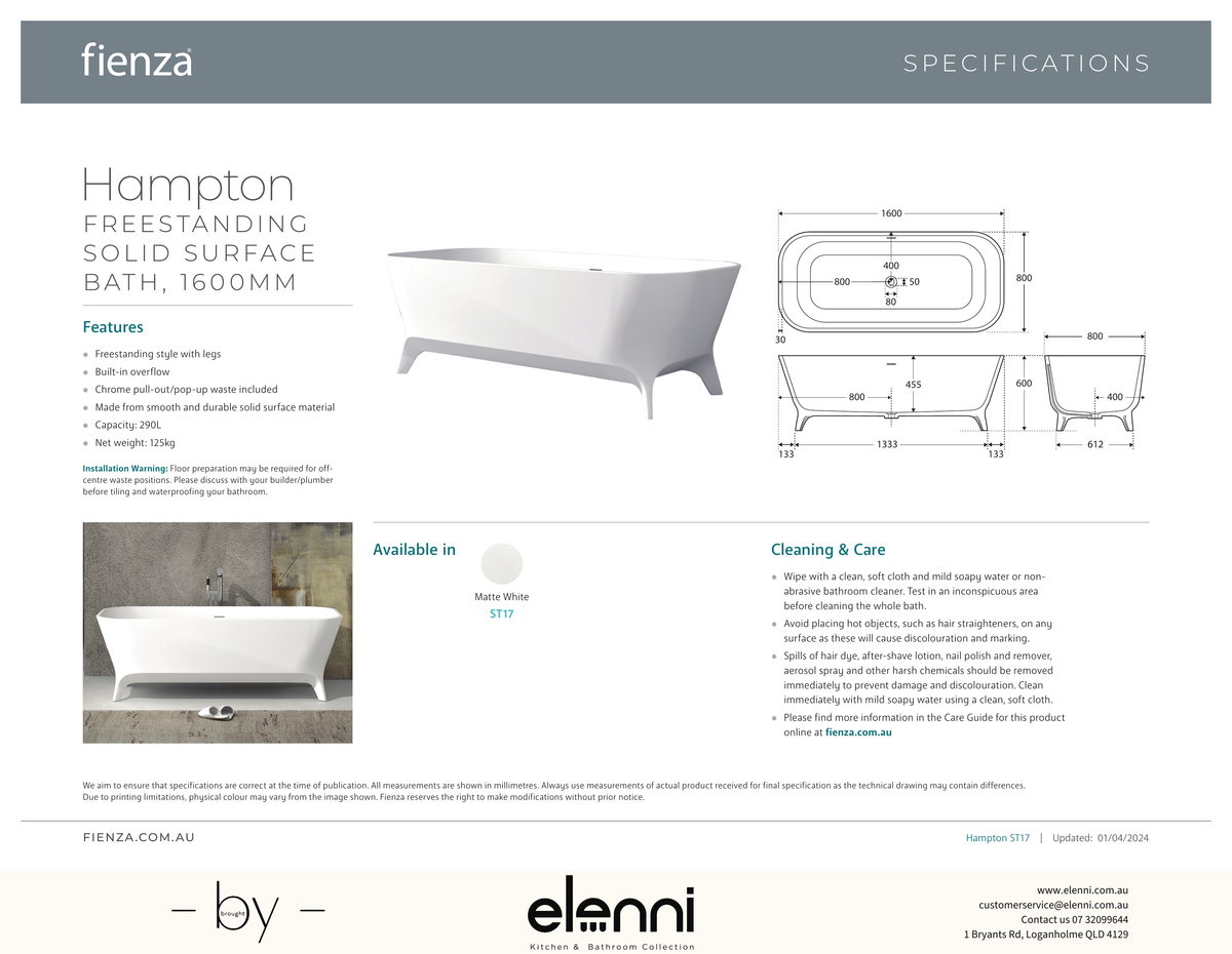 Hampton Solid Surface Bath - Elenni specification drawing