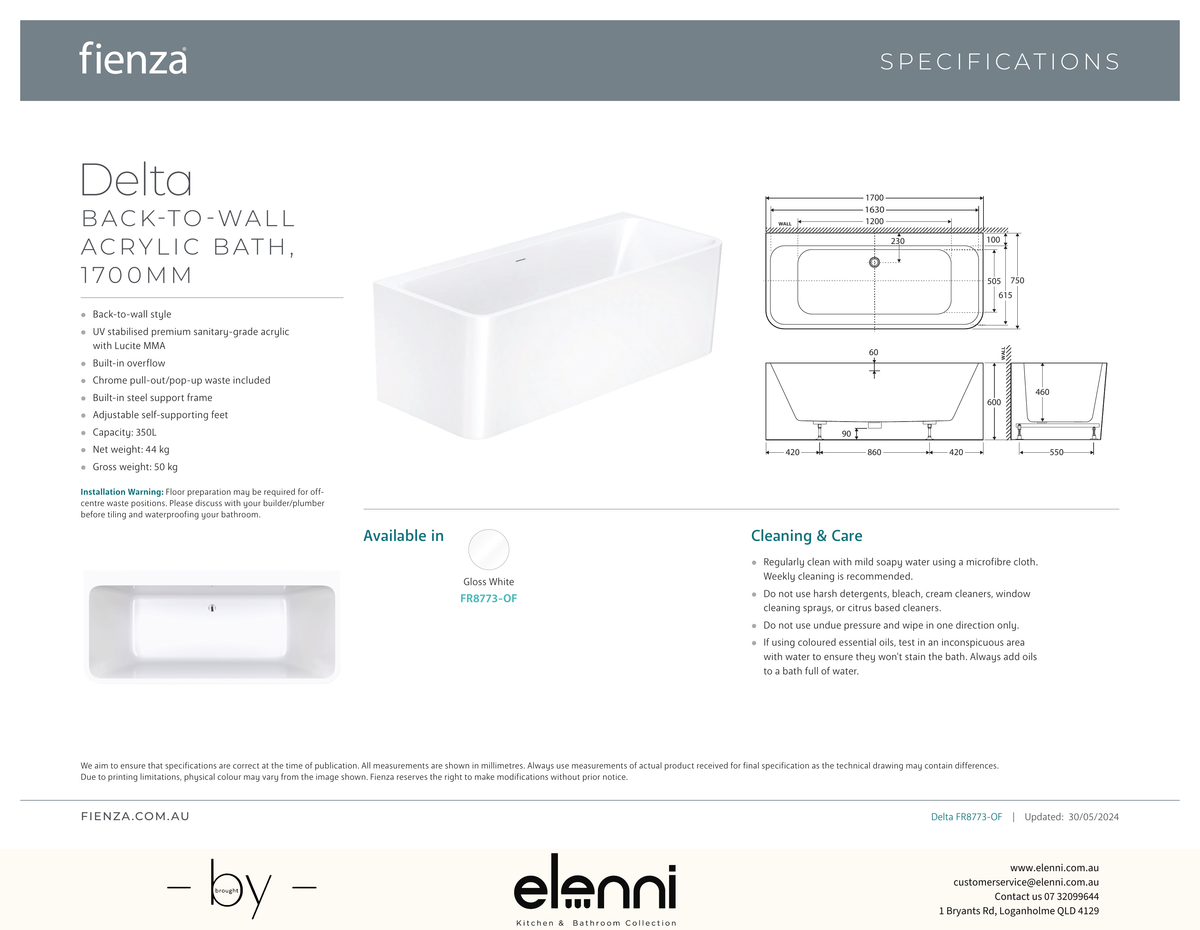 Delta Back-To-Wall Acrylic Bath with Overflow, 1700mm - Elenni specification drawing