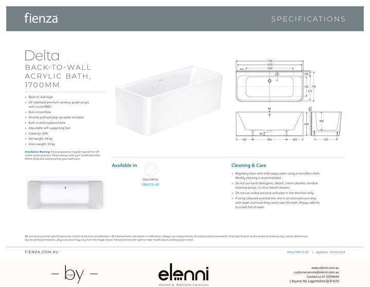 Delta Back-To-Wall Acrylic Bath with Overflow, 1700mm - Elenni specification drawing