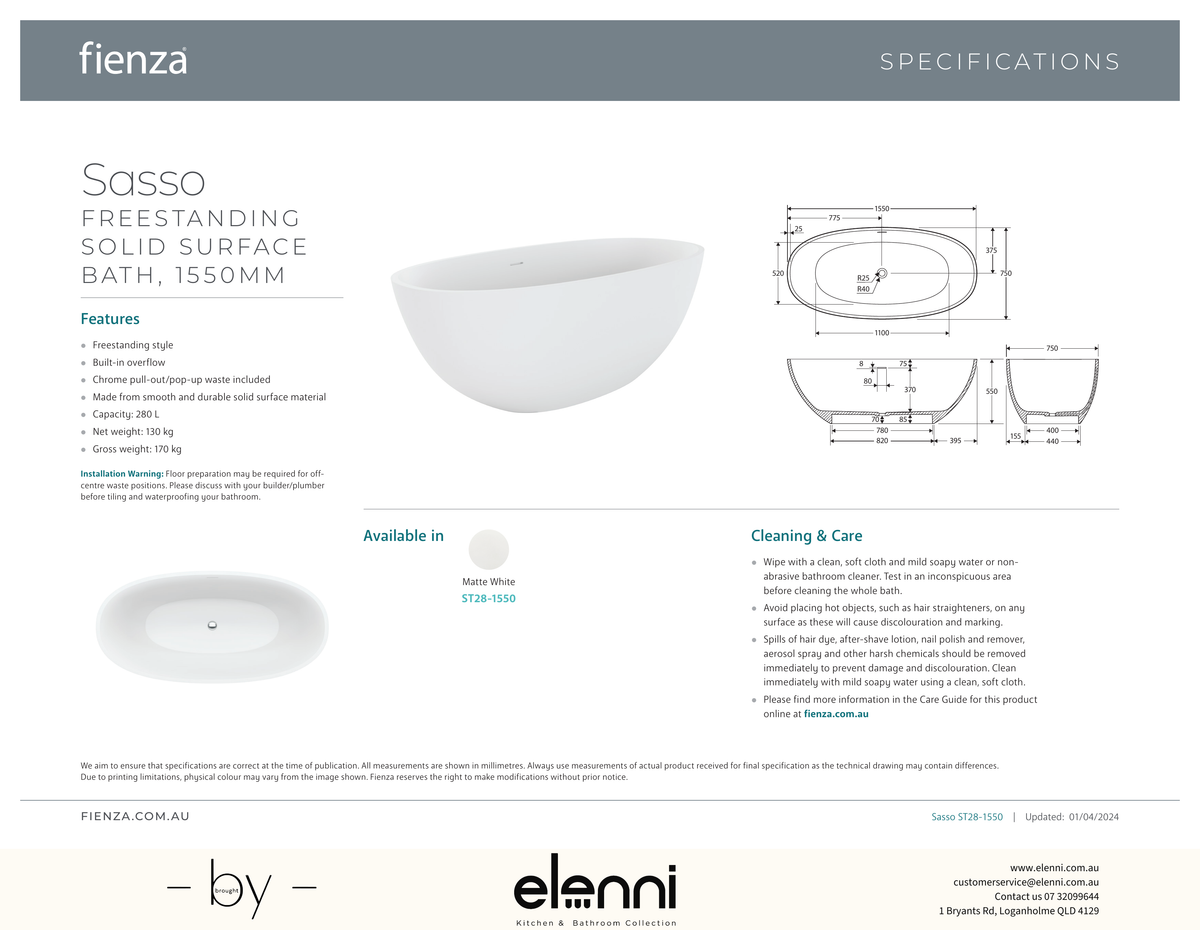 Sasso Solid Surface Bath, 1550mm - Elenni specification drawing