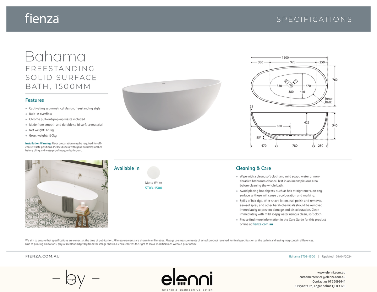 Bahama Solid Surface Bath, 1500mm - Elenni specification drawing
