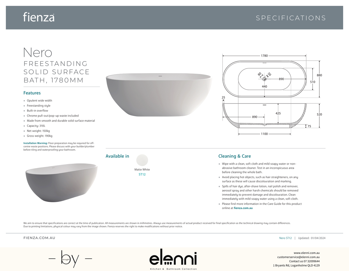 Nero Solid Surface Bath, 1780mm - Elenni specification drawing