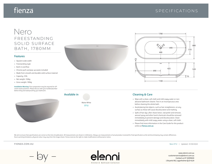 Nero Solid Surface Bath, 1780mm - Elenni specification drawing