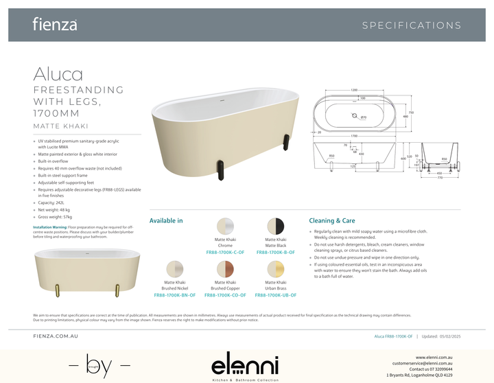 Aluca Freestanding Bath, 1700mm Matte Khaki with Urban Brass Legs with overflow - Elenni specification drawing