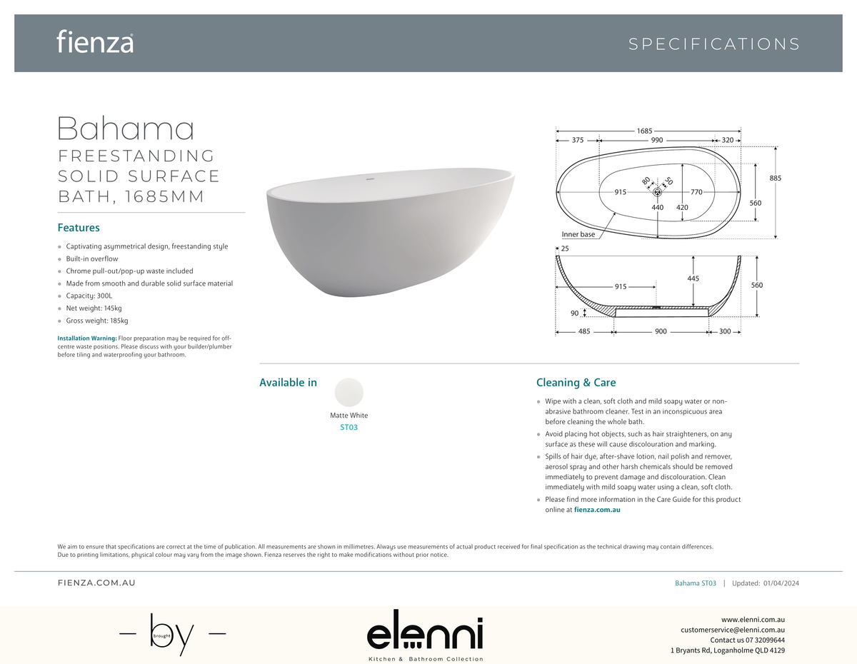 Bahama Solid Surface Bath, 1685mm - Elenni specification drawing