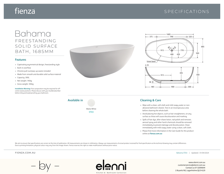 Bahama Solid Surface Bath, 1685mm - Elenni specification drawing