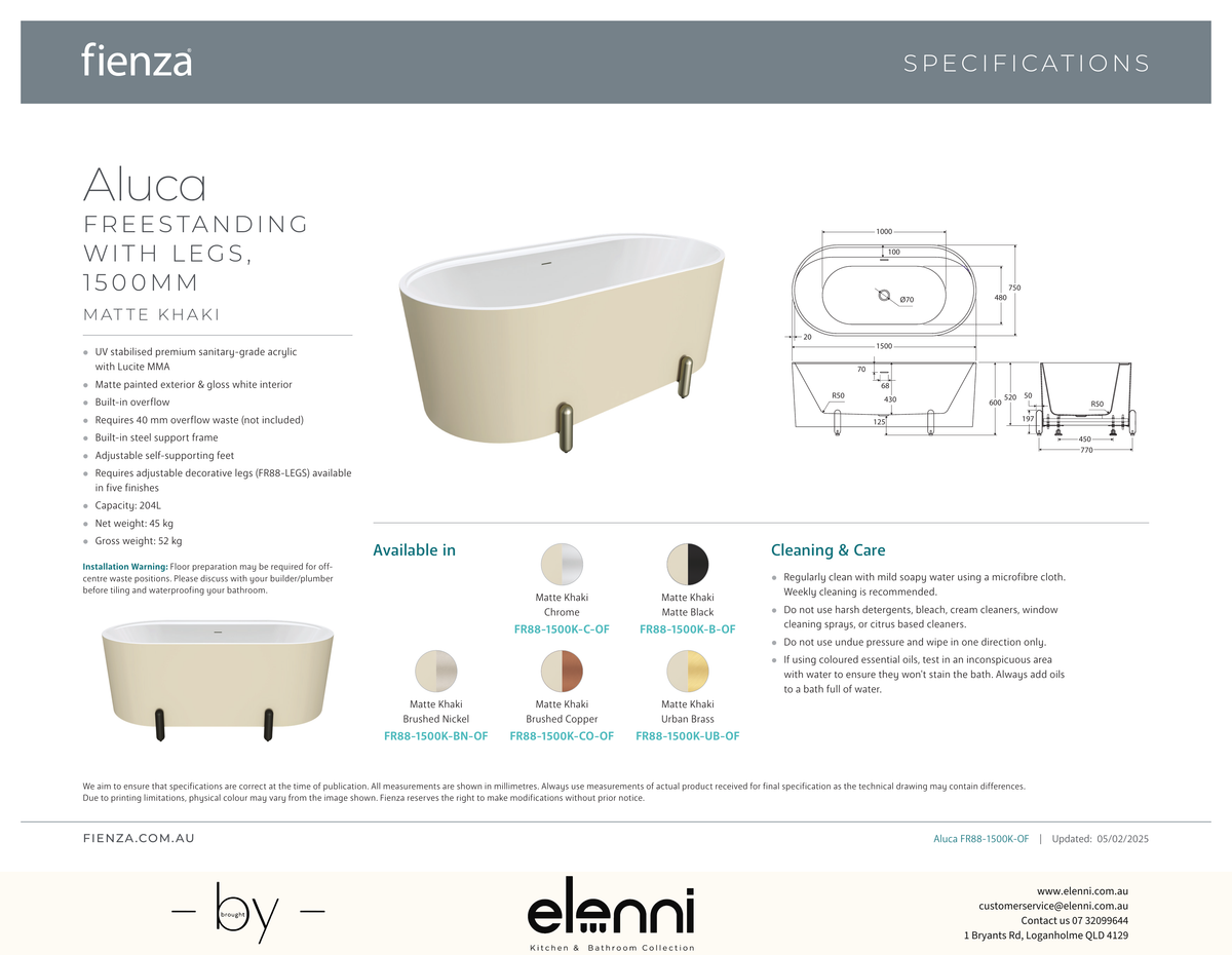 Aluca Freestanding Bath, 1500mm Matte Khaki with Matte Black Legs with overflow - Elenni specification drawing
