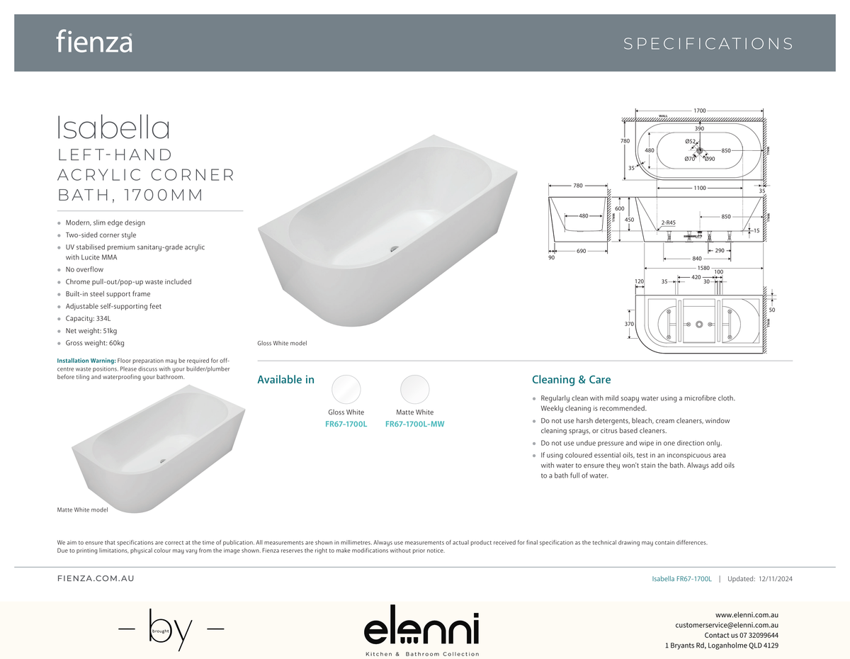 Isabella Left-Hand Acrylic Corner Bath, Matte White, 1700mm - Elenni specification drawing