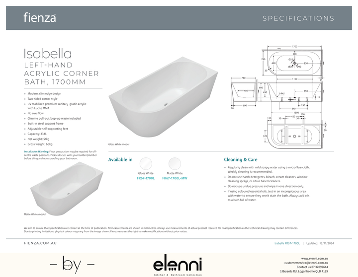 Isabella Left-Hand Acrylic Corner Bath, Matte White, 1700mm - Elenni specification drawing