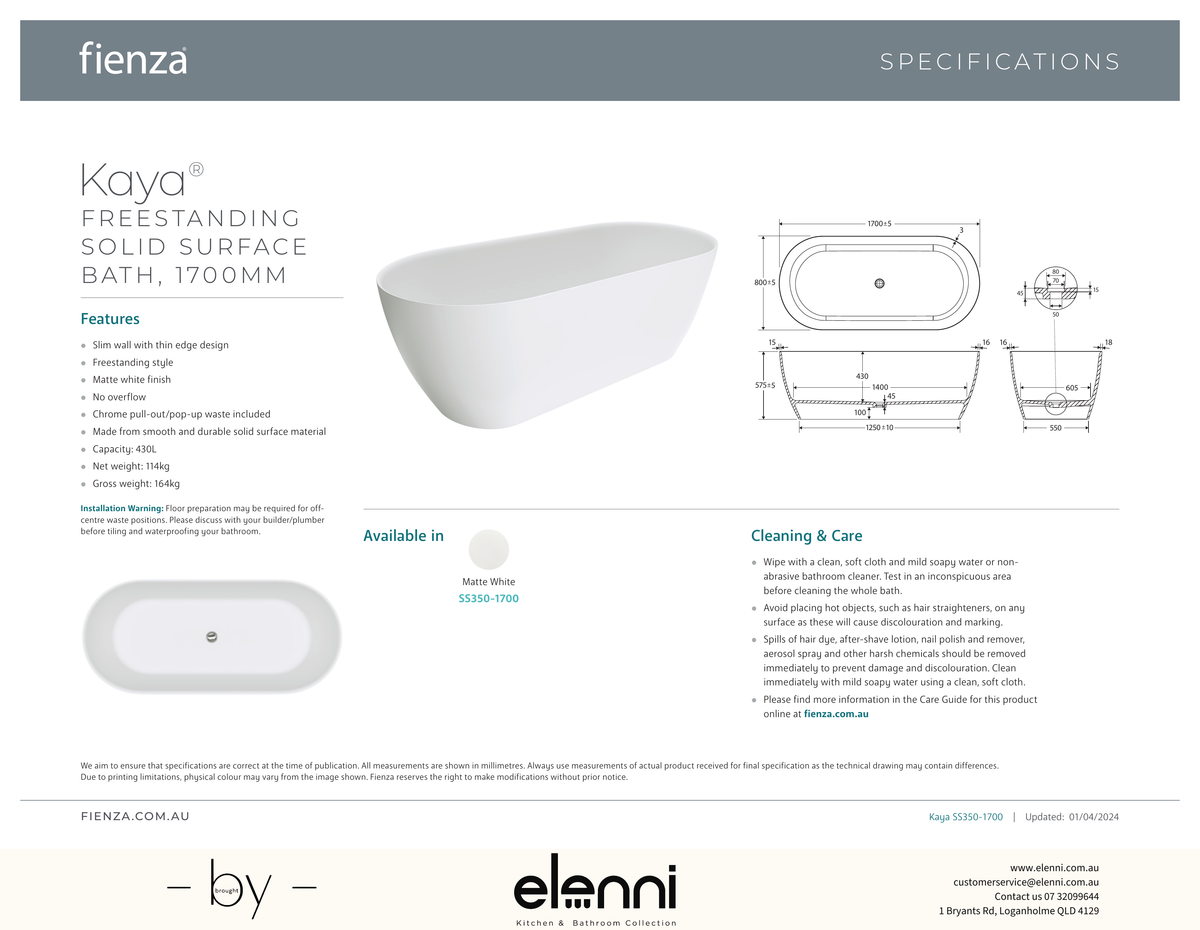 Kaya Solid Surface Bath, 1700mm - Elenni specification drawing