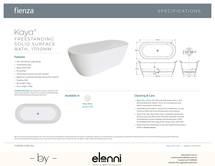 Kaya Solid Surface Bath, 1700mm - Elenni specification drawing