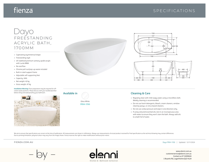 Dayo Freestanding Acrylic Bath, 1700mm - Elenni specification drawing