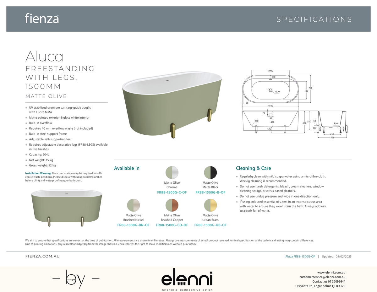 Aluca Freestanding Bath, 1500mm Matte Olive with Chrome Legs with overflow - Elenni specification drawing
