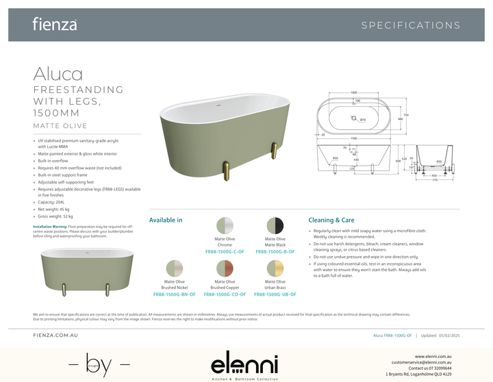 Aluca Freestanding Bath, 1500mm Matte Olive with Chrome Legs with overflow - Elenni specification drawing