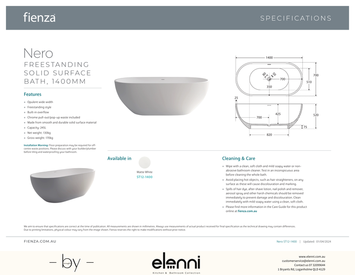 Nero Solid Surface Bath, 1400mm - Elenni specification drawing