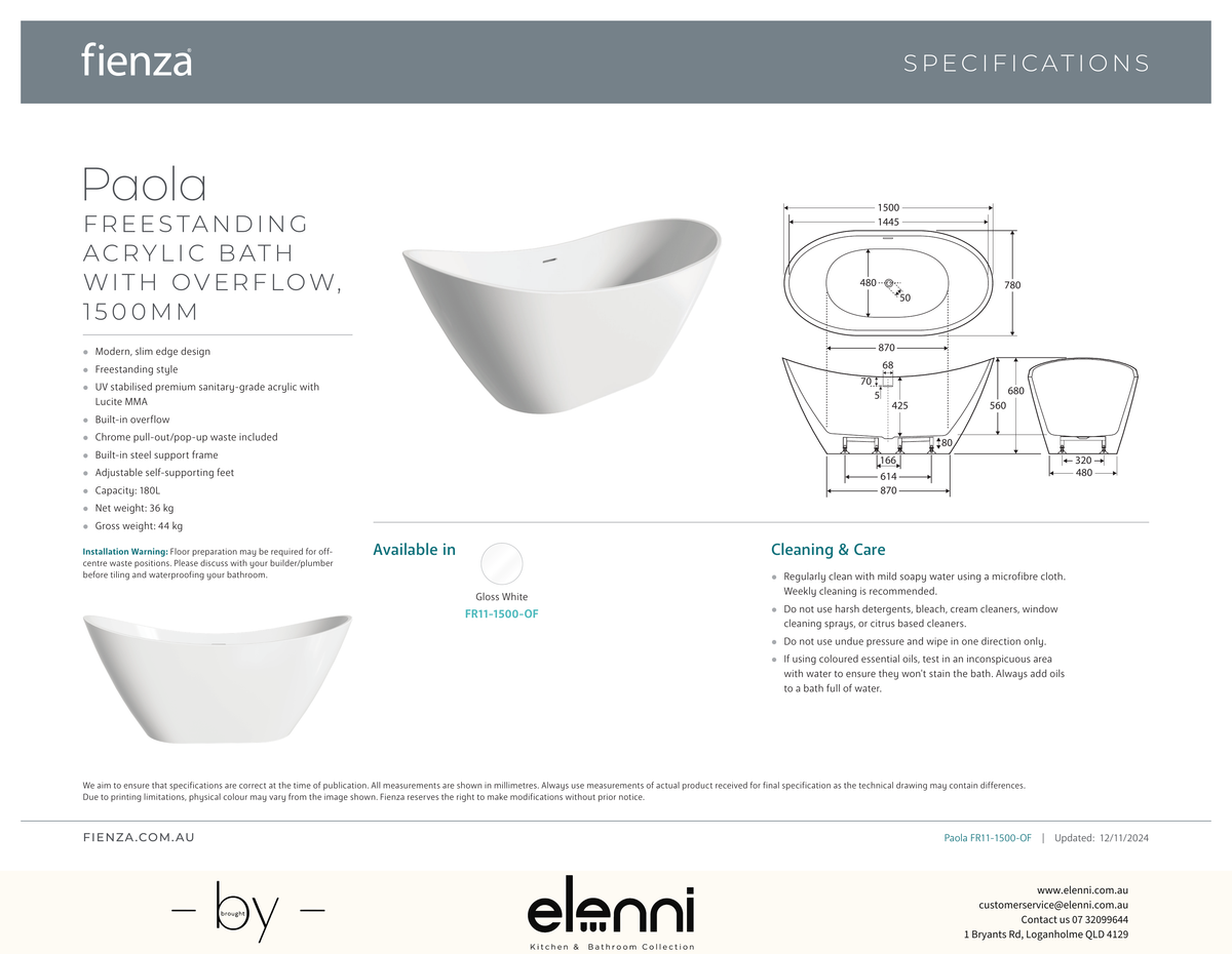 Paola Freestanding Acrylic Bath with Overflow, 1500mm - Elenni specification drawing