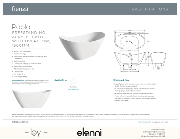 Paola Freestanding Acrylic Bath with Overflow, 1500mm - Elenni specification drawing
