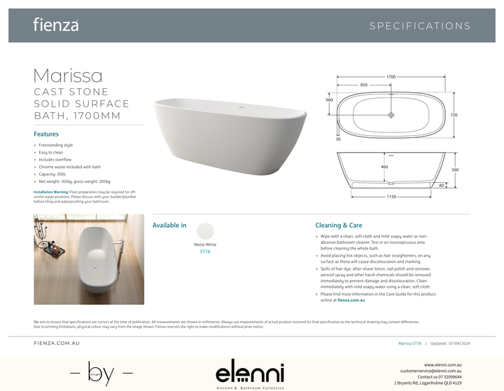 Marissa Solid Surface Bath - Elenni specification drawing