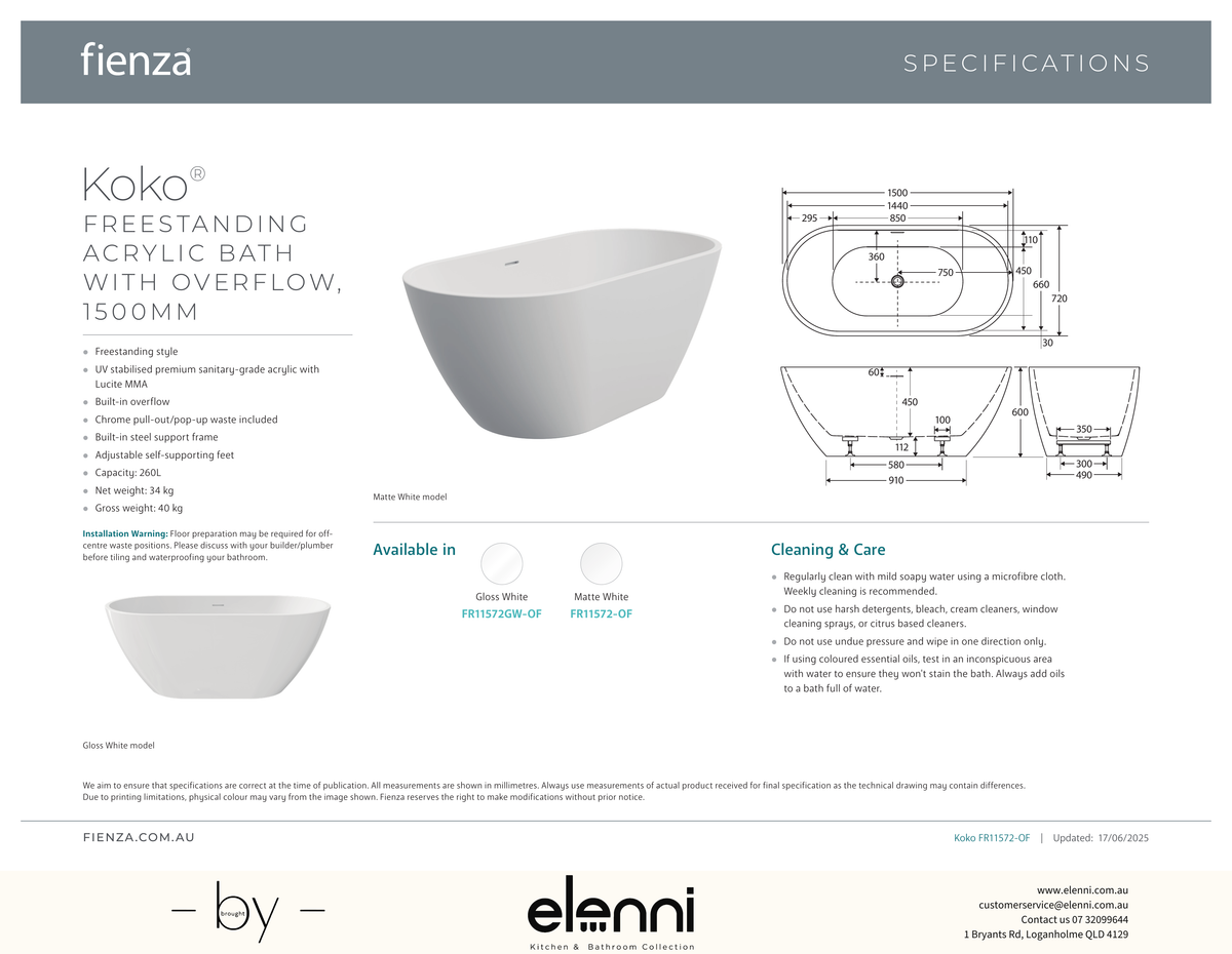 Koko Freestanding Acrylic Bath, 1500mm with Overflow, Matte White - Elenni specification drawing