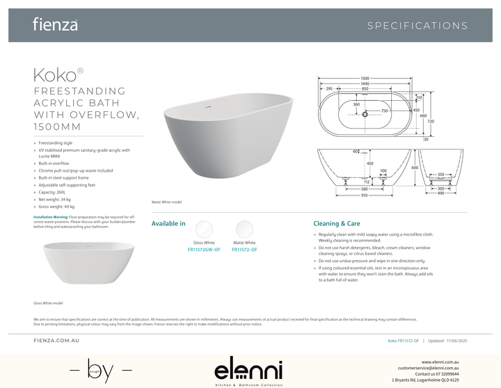 Koko Freestanding Acrylic Bath, 1500mm with Overflow, Matte White - Elenni specification drawing