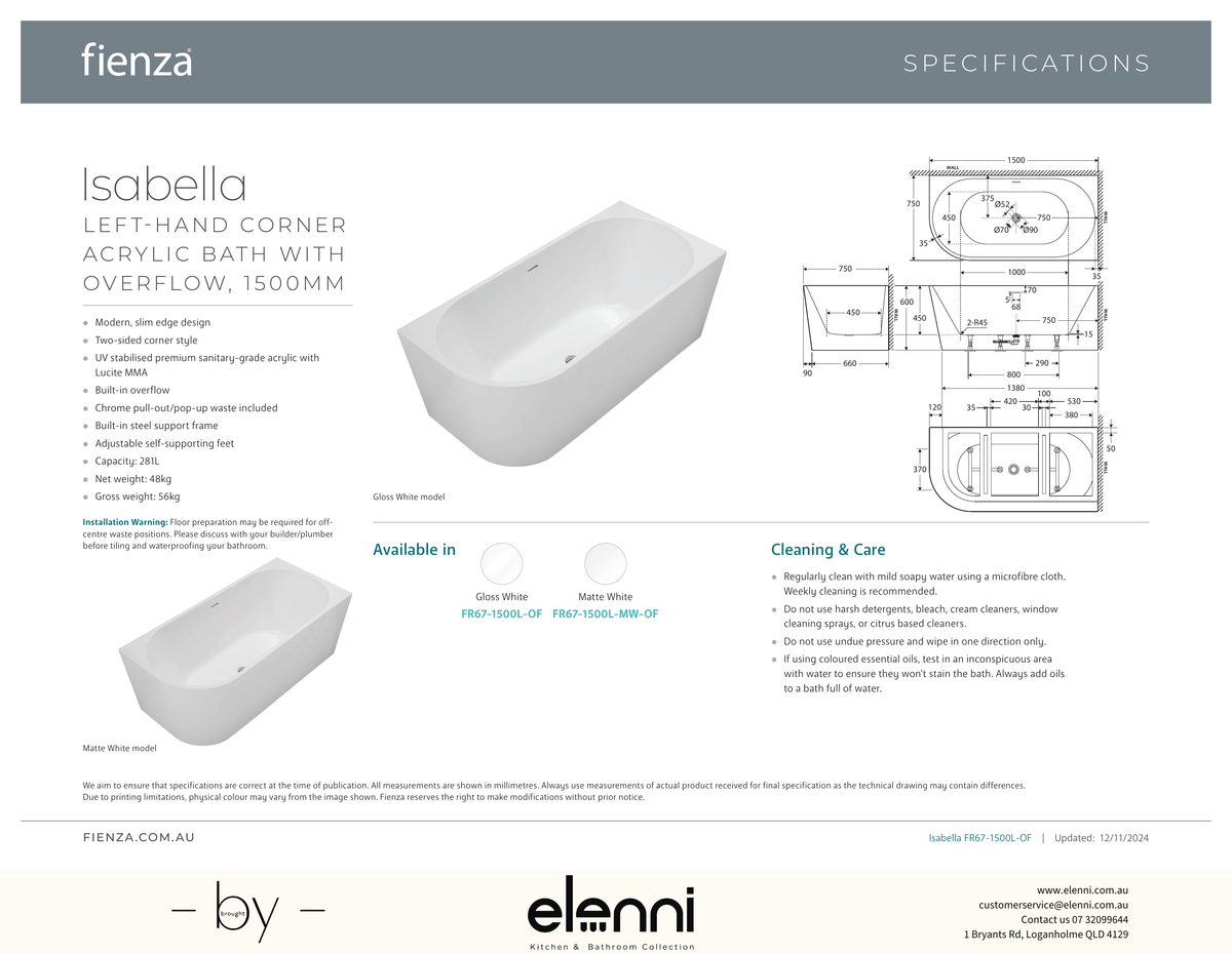Isabella Left-Hand Acrylic Corner Bath with Overflow, Gloss White, 1500mm - Elenni specification drawing