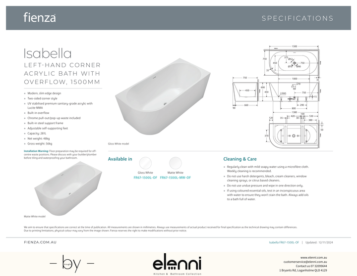 Isabella Left-Hand Acrylic Corner Bath with Overflow, Gloss White, 1500mm - Elenni specification drawing
