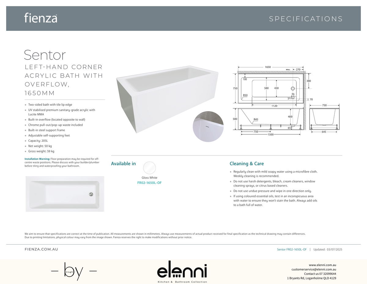 Sentor Left-Hand Acrylic Corner Bath with Overflow, 1650mm - Elenni specification drawing