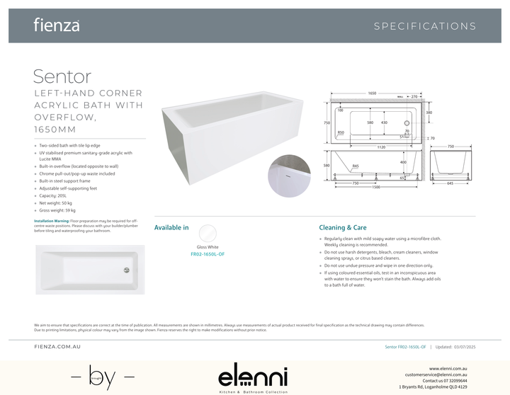 Sentor Left-Hand Acrylic Corner Bath with Overflow, 1650mm - Elenni specification drawing