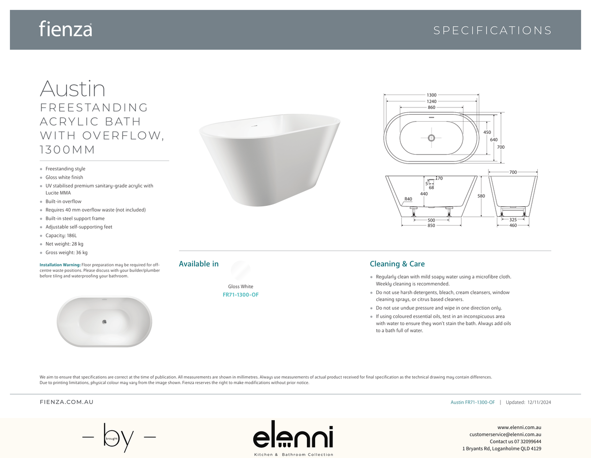 Austin Freestanding Acrylic Bath with Overflow, 1300mm - Elenni specification drawing