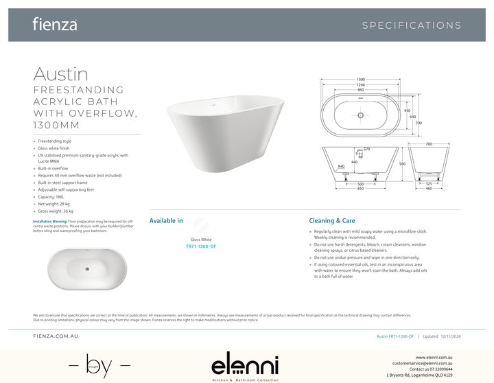 Austin Freestanding Acrylic Bath with Overflow, 1300mm - Elenni specification drawing