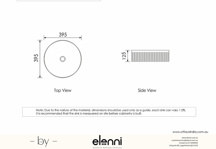 Elenni specification drawing — Oxford Round 395x395x120 Gloss White Basin