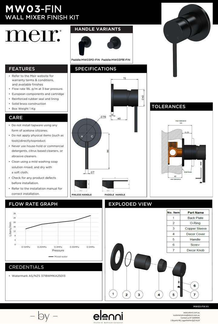 Round Wall Mixer Pinless Handle Trim Kit (In-wall Body Not Included) - Elenni specification drawing