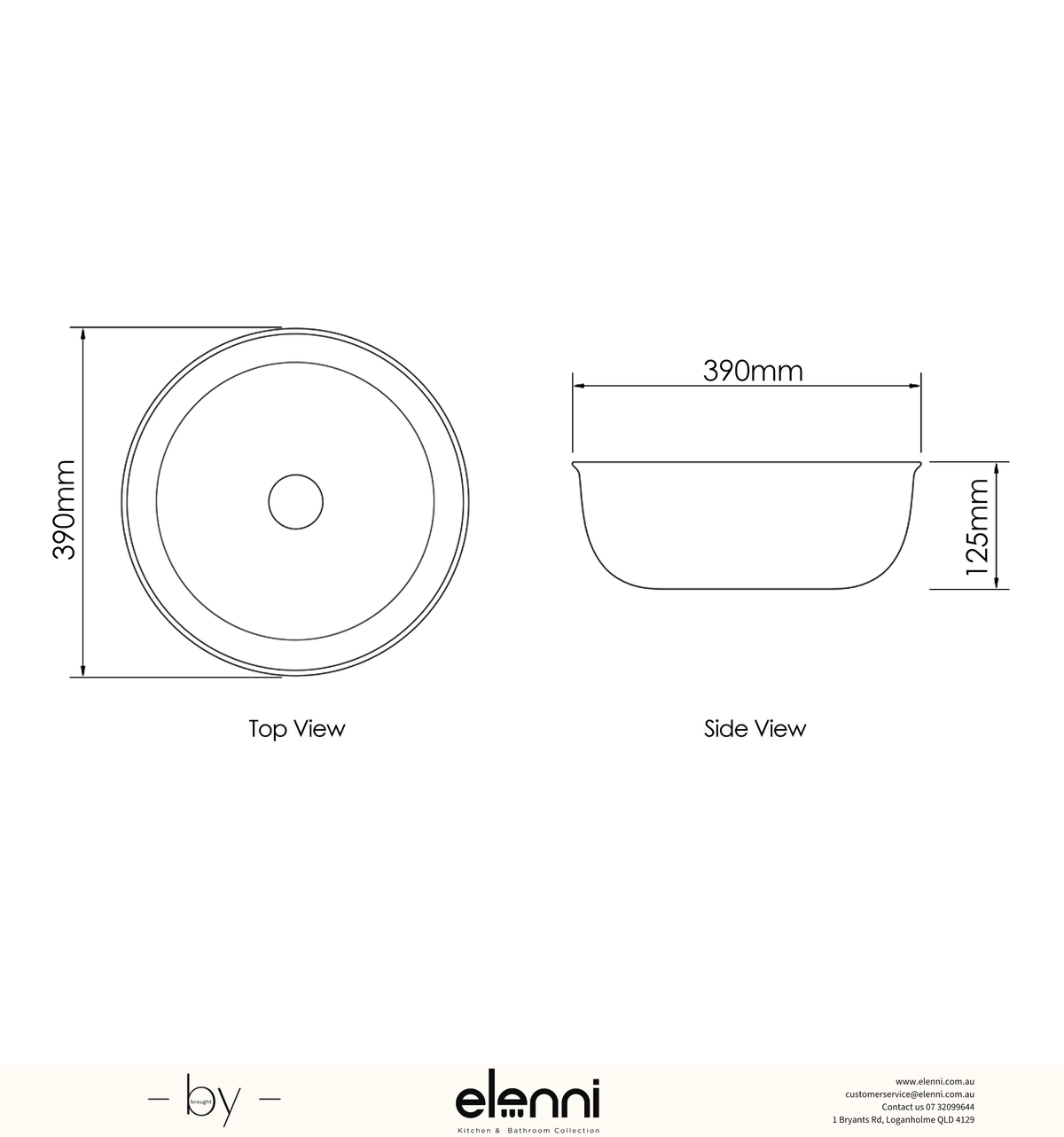 Elenni specification drawing — Bronte Round 390x390x130 Matte White Basin