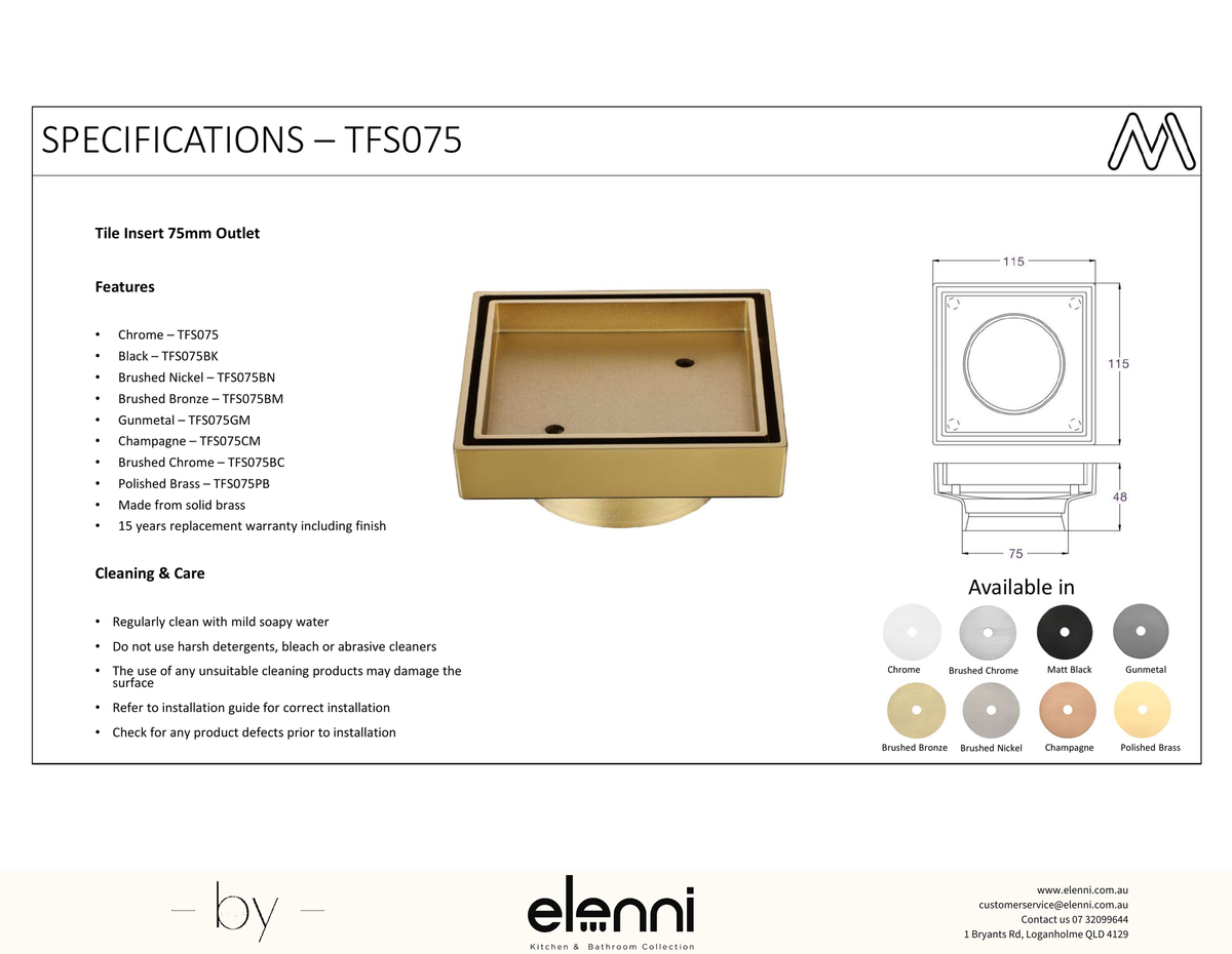 Tile Insert 75mm - Elenni specification drawing