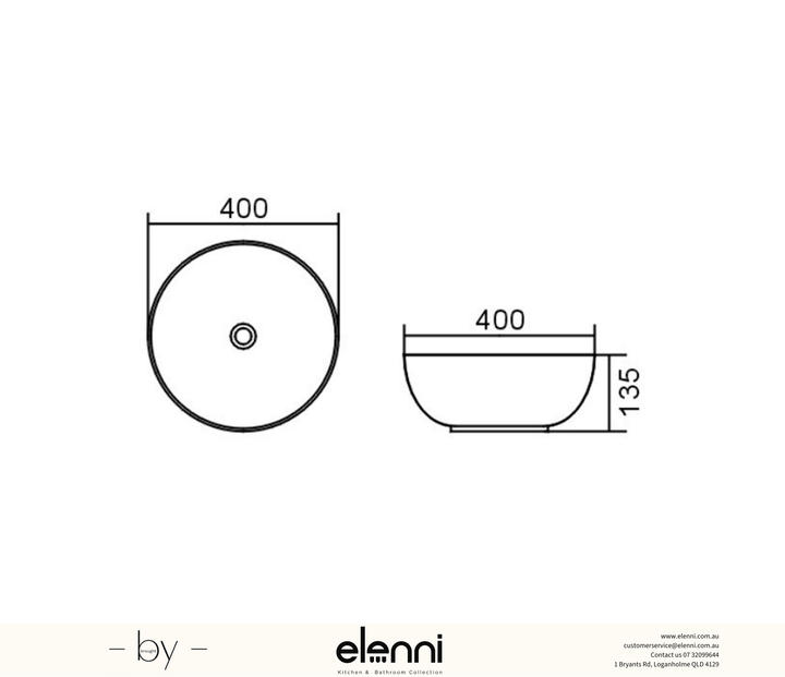 Bondi 400x400x135 Matte Grey Basin - Elenni specification drawing