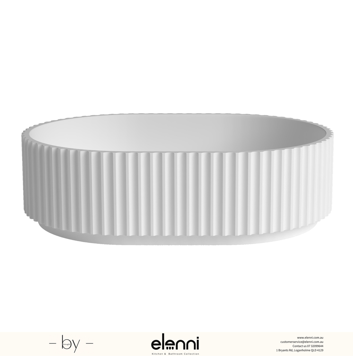 Havana Oval Fluted Solid Surface 480x345x140 Matte White Basin NF - Elenni specification drawing