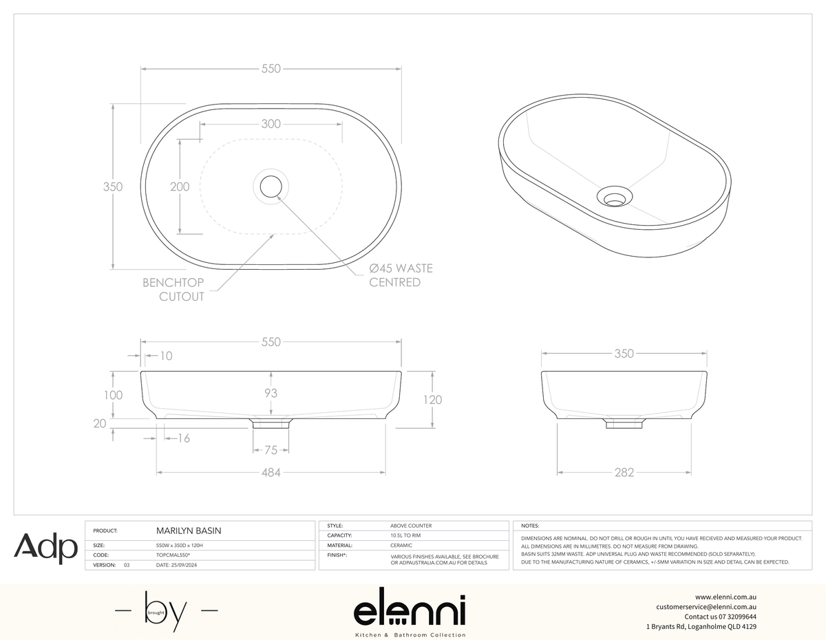 Marilyn Basin - Gloss White - Elenni specification drawing
