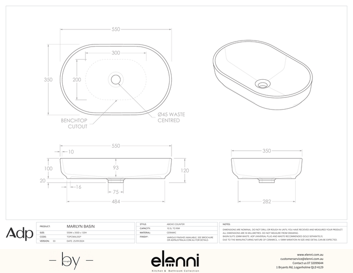Marilyn Basin - Gloss White - Elenni specification drawing