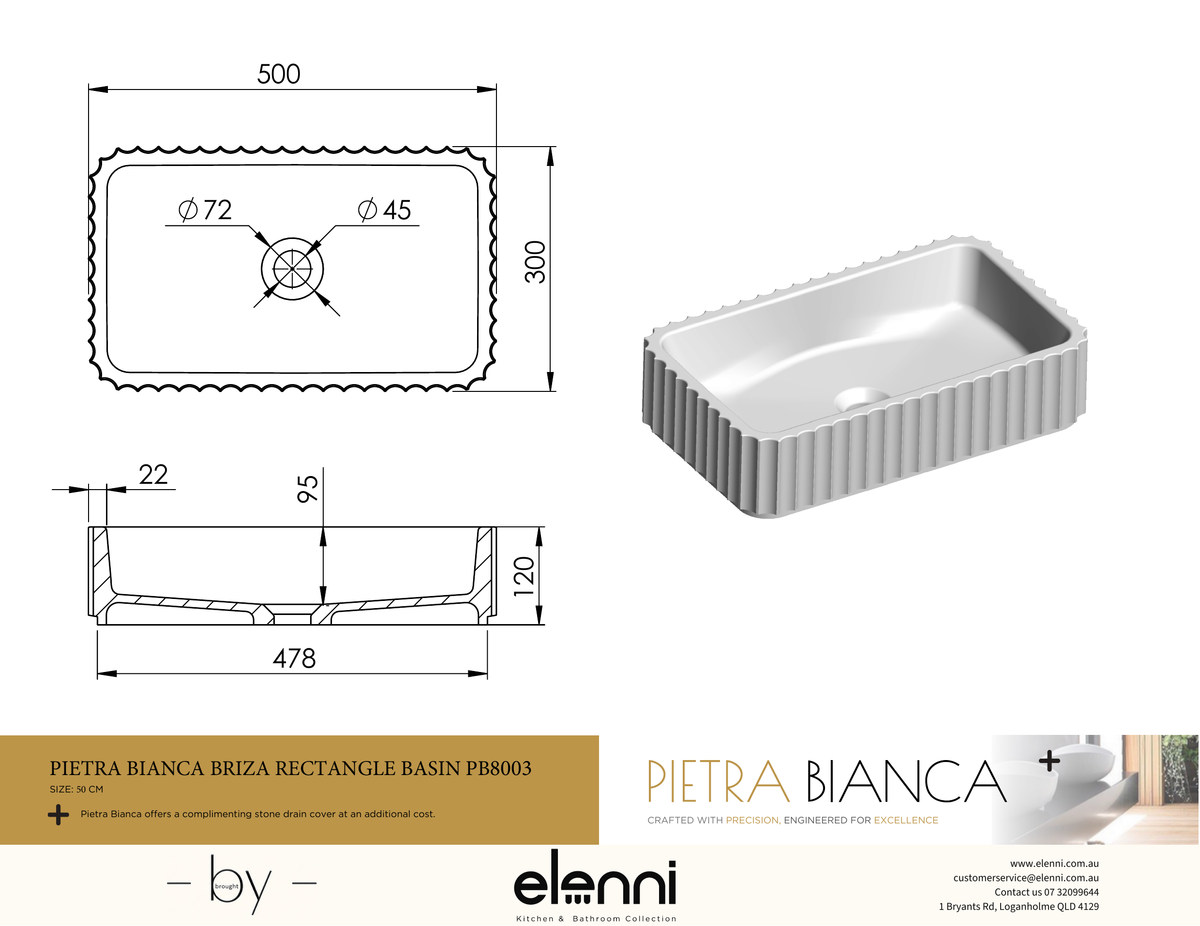 Briza Rectangle Above Counter Basin - Elenni specification drawing