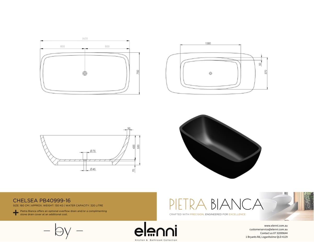 Chelsea 1600mm Freestanding Bath - Elenni specification drawing