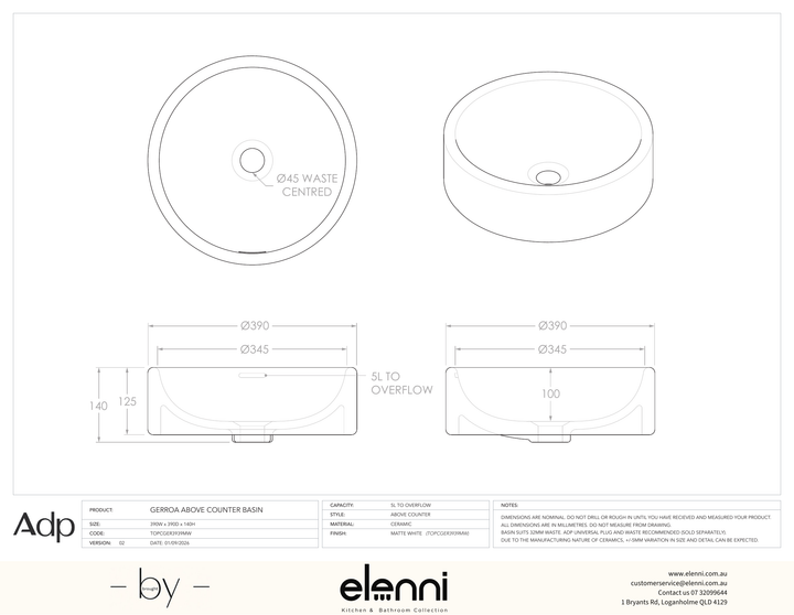 Gerroa - Elenni specification drawing