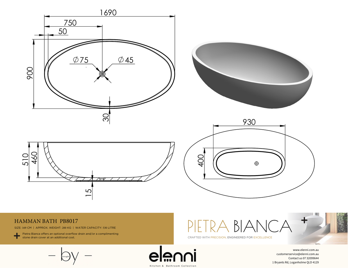 Hamman Freestanding Bath - Elenni specification drawing