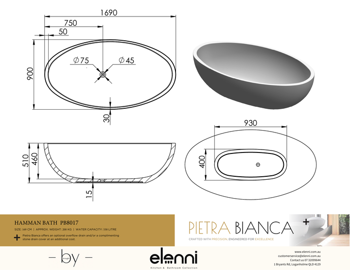Hamman Freestanding Bath - Elenni specification drawing