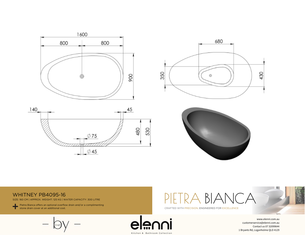 Whitney 1600mm Freestanding Bath - Elenni specification drawing