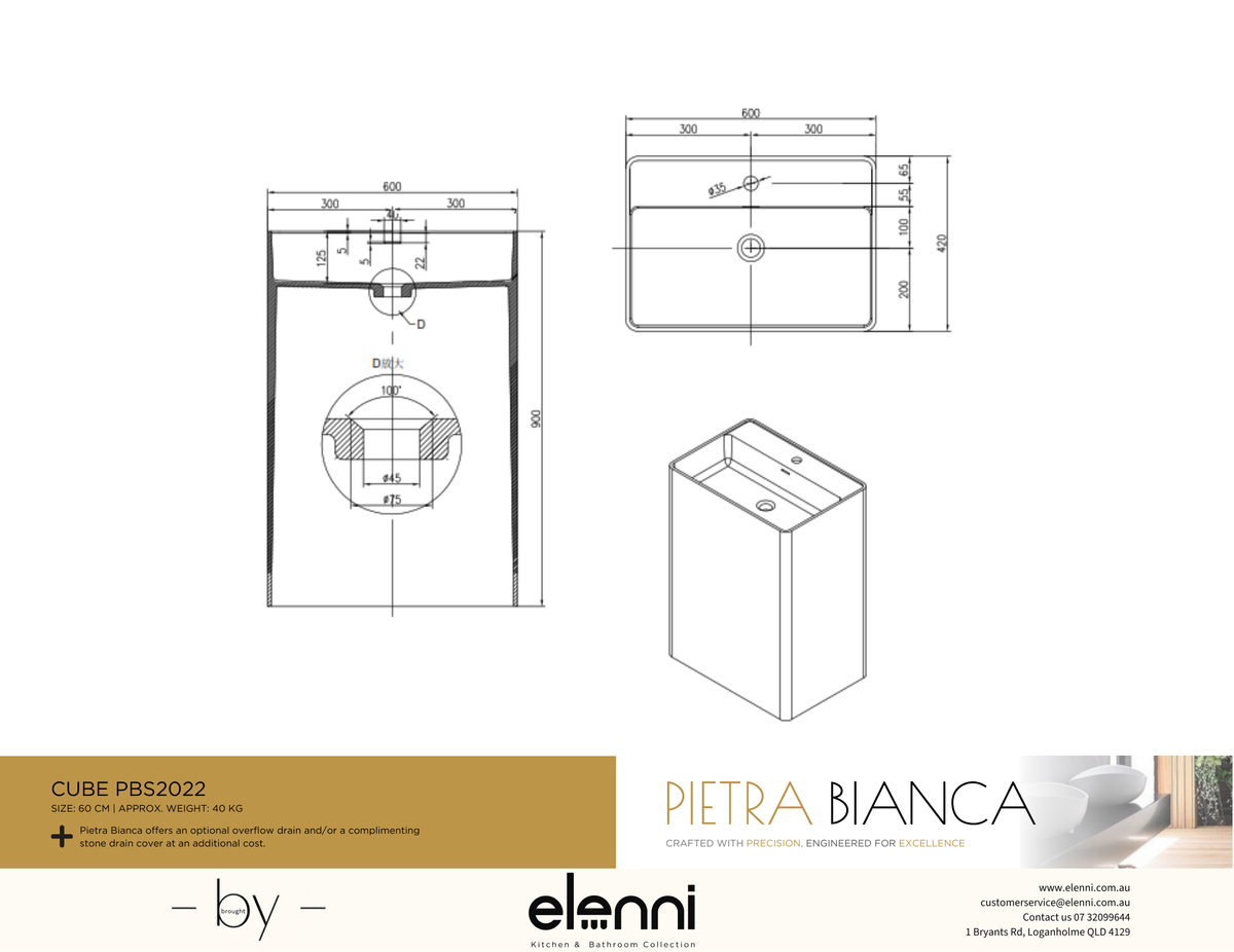 Cube Freestanding Pedestal Basin - Elenni specification drawing