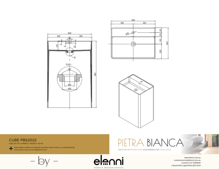 Cube Freestanding Pedestal Basin - Elenni specification drawing