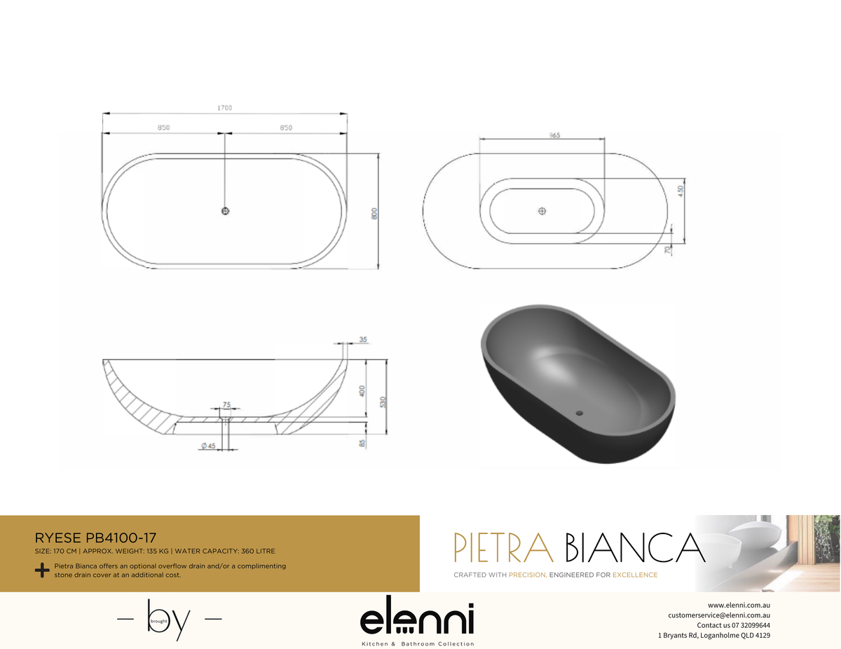Ryese 1700mm Freestanding Bath - Elenni specification drawing